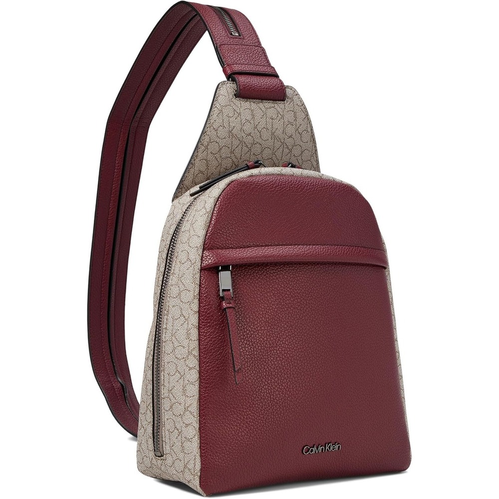 426. Calvin Klein Mia Backpack Mini Textured Almond Taupe Deep Rouge Sling Bag